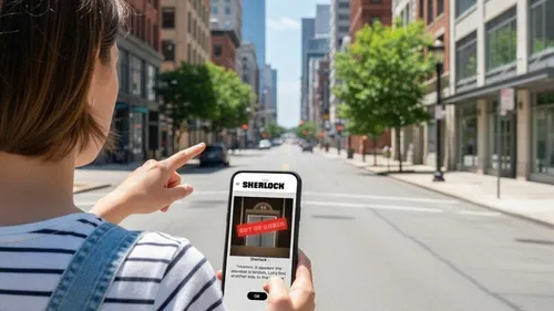 Person using smartphone point to city street.