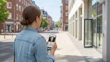Woman using smartphone on city sidewalk.