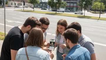 Gruppe schaut Handy auf Stadtstraße an.