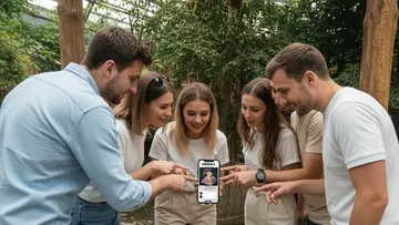 Gruppe diskutiert Smartphone im Freien.