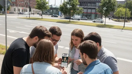 Gruppe zeigt Handy an Straßenecke.