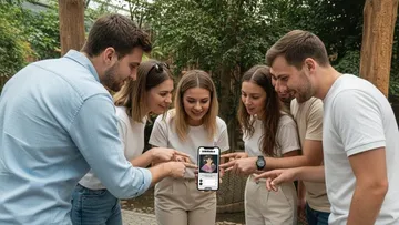 Group of people looking at phone outdoors.