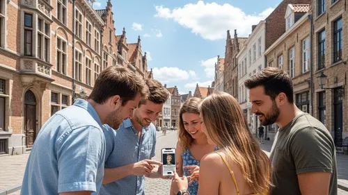 Gruppe zeigt Handy vor historischen Gebäuden.