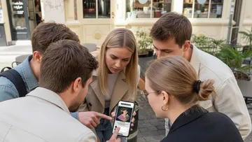 Gruppe betrachtet Smartphone im Freien.