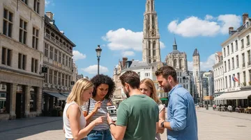 Gruppe liest Karte auf europäischem Platz.