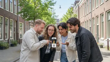 Vier Personen benutzen Handy auf Straße.