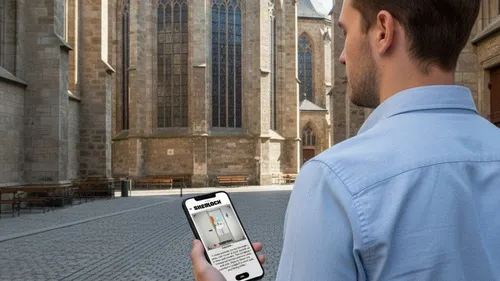 Man reads phone, standing by cathedral.