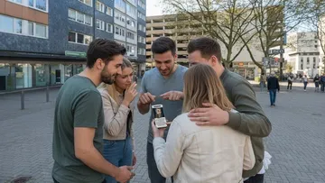 Group examining smartphone in urban area.