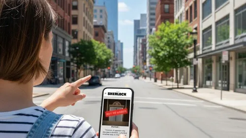 Person zeigt Handy auf städtische Straße.
