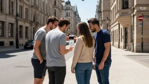 Four people looking at phone in street.