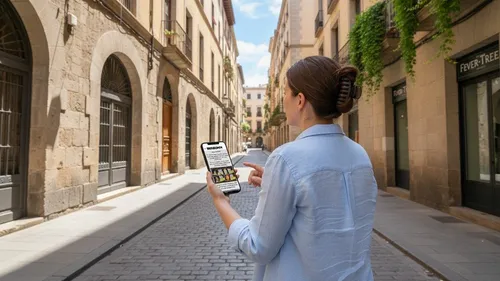Person mit Smartphone auf Kopfsteinpflasterstraße.