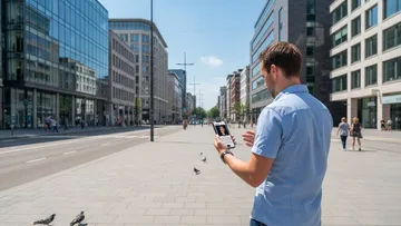 Mann benutzt Smartphone auf Stadtstraße.
