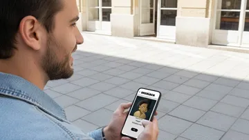 Mann hält Telefon mit Cartoon-Charakter.