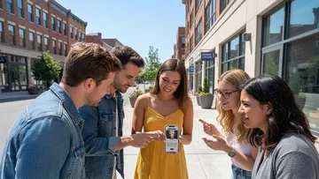 Group looks at phone on city street.