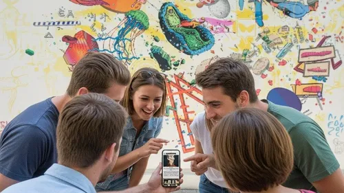 Gruppe lacht über Telefon, bunte Graffiti-Kulisse.