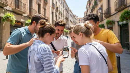 Gruppe schaut auf Telefon auf Straße.
