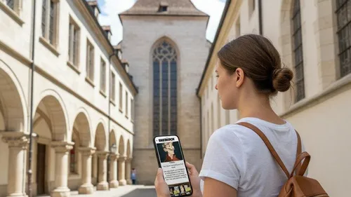 Frau benutzt Smartphone in historischer Straße.