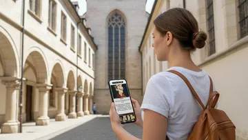 Frau benutzt Smartphone im historischen Hof.