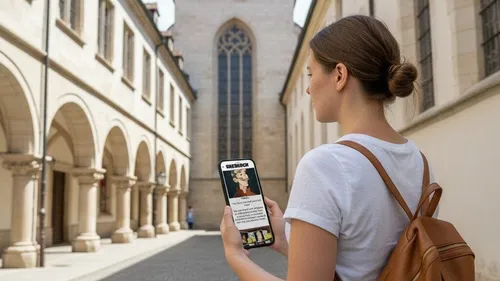 Woman using smartphone in historic courtyard.