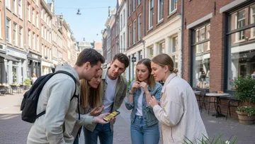 Gruppe beobachtet Smartphone auf Stadtstraße.
