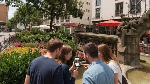 Gruppe nutzt Handy nahe Brunnen in Stadt.