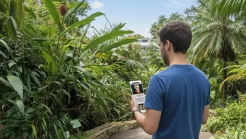Mann nutzt Smartphone im botanischen Garten.