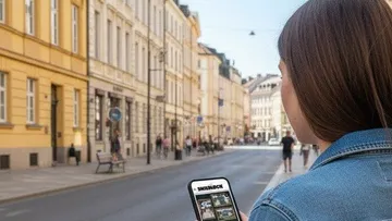 Frau schaut auf Handy in Stadtstraße.