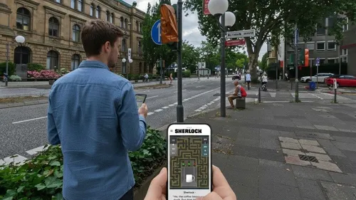 Mann spielt am Smartphone, städtische Straßenecke.