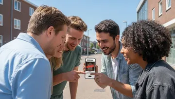 Group examines phone screen outdoors