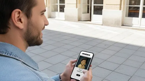 Man holding phone with cartoon face app.
