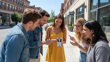 Gruppe betrachtet Smartphone auf Stadtstraße.