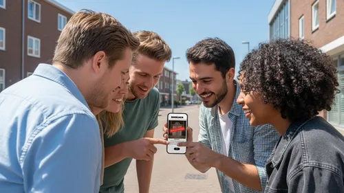Gruppe lächelt beim Smartphone draußen.