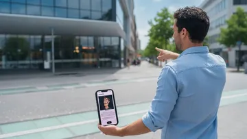 Mann hält Smartphone und zeigt in Straßenumgebung.