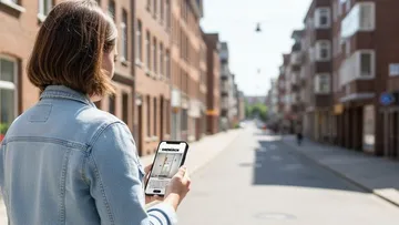 Person nutzt Smartphone auf städtischer Straße.