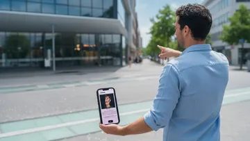 Man points while holding smartphone outdoors.