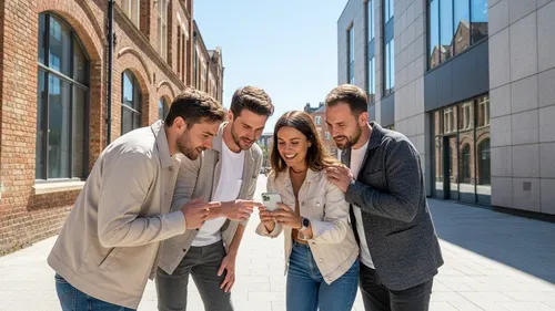 Group looking at phone outside building.