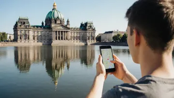 Mann benutzt Smartphone nahe einer großen Kathedrale.