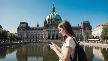 Frau benutzt Handy nahe historisches Gebäude.