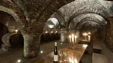 Wine bottles on wooden table in cellar.