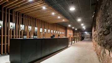 Modern winery bar in stone-walled cellar.