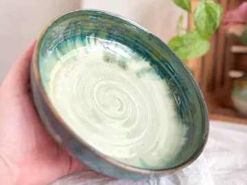 Ceramic bowl held by hand indoors.