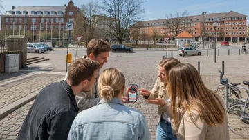 Group focuses on a phone outdoors.