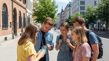 Group viewing phone on city street.