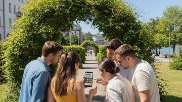 Group huddles around smartphone on garden path.