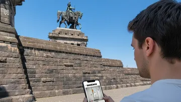 Mann liest Handy nahe Reiterstatue.