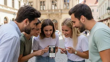 Group viewing phone outdoors urban setting.