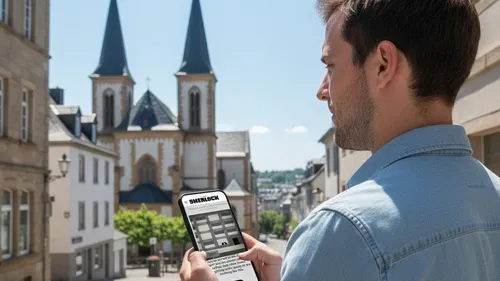 Man uses smartphone near historic church.