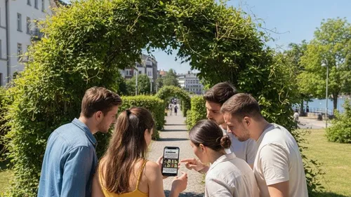 Group gathered, looking at smartphone outdoors.