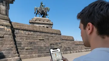 Man looks at phone near statue plaza.