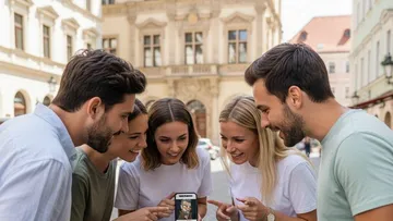 Group showing photo on phone outdoors.